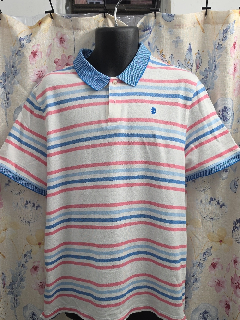 Izod Men's White Polo with Blue Collar and Pink & Blue Stripes